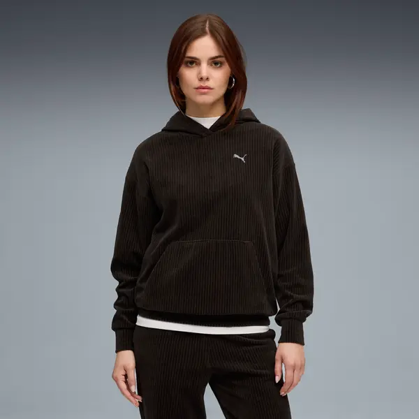 PUMA PUMA Essentials Elevated Velour Rib Hoodie Women, Clothing, Black, S