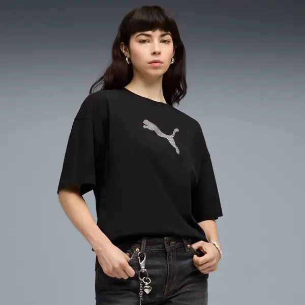 PUMA PUMA Essentials Graphics Bedazzled Oversized Tee Women, Clothing, Black, S