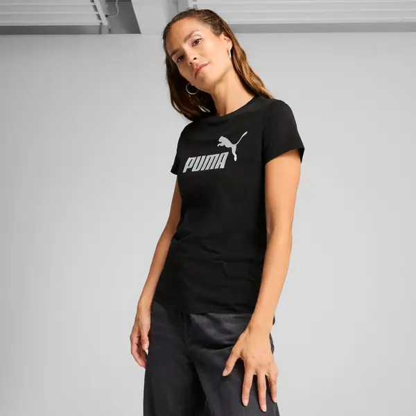 PUMA PUMA Essentials Metallic Logo Tee Women, Clothing, Black/Metallic Silver, S