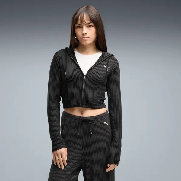 PUMA PUMA Essentials Ribbed Full-Zip Slim Hoodie Women, Clothing, Black, S