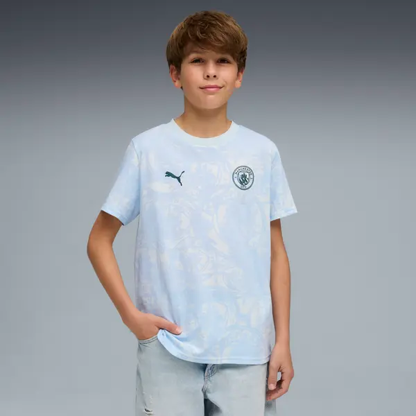 PUMA PUMA Manchester City FtblCulture All-Over Print Tee Youth, Clothing, Sea Glass/Tropical Blue, 15-16Y