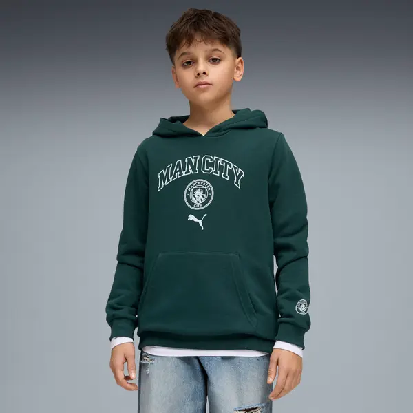 PUMA PUMA Manchester City FtblCulture Hoodie Youth, Clothing, Green Terrain/Sea Glass, 15-16Y
