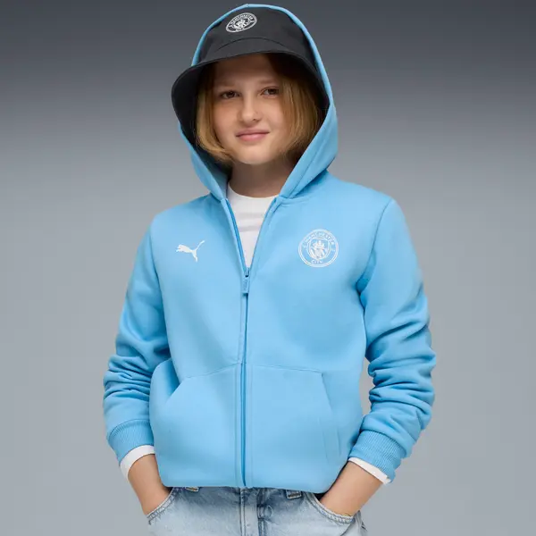 PUMA PUMA Manchester City FtblEssentials Hooded Jacket Youth, Clothing, Light Blue/White, 15-16Y