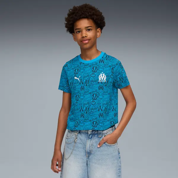 PUMA PUMA Olympique de Marseille FtblCulture All-Over Print Tee Youth, Clothing, Azure/New Navy, 15-16Y