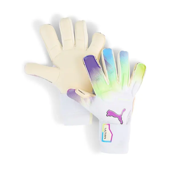 PUMA PUMA ULTRA Ultimate BRILLIANCE Hybrid Goalkeeper Gloves, Accessories, White/Pure Magenta/Fizzy Apple, 9.5