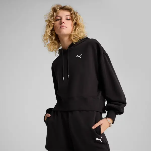 PUMA PUMA WARDROBE Essentials Relaxed Cropped Hoodie Women, Clothing, Black, S