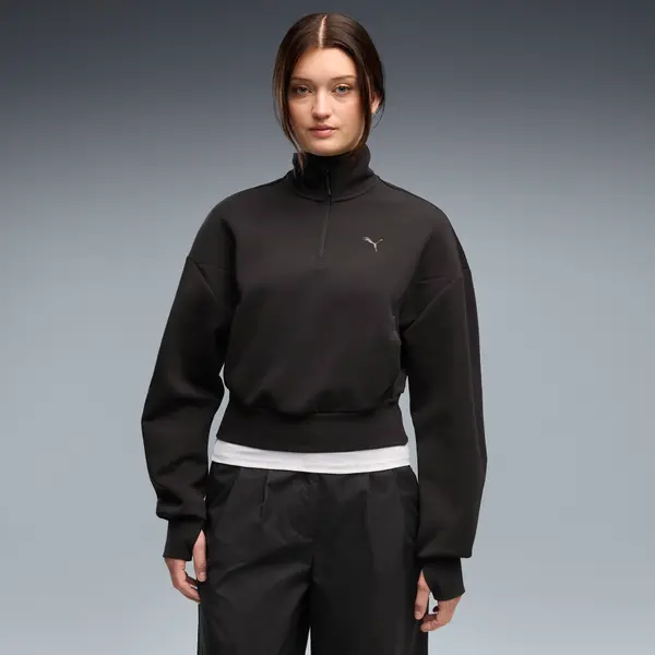 PUMA PUMATECH SENSE Balloon Sleeve Half-Zip Crew Sweatshirt Women, Clothing, Black, S