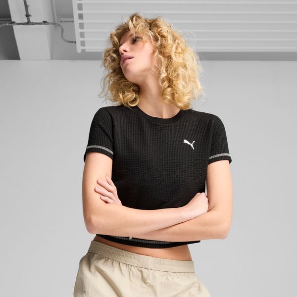 PUMA Women's Puma DARE TO Textured Baby T-Shirt, Black, Size L, Clothing