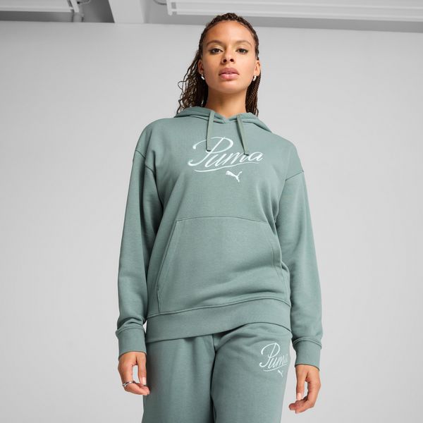 PUMA Women's Puma ESS SCRIPT Comfort Hoodie, Green, Size M, Clothing
