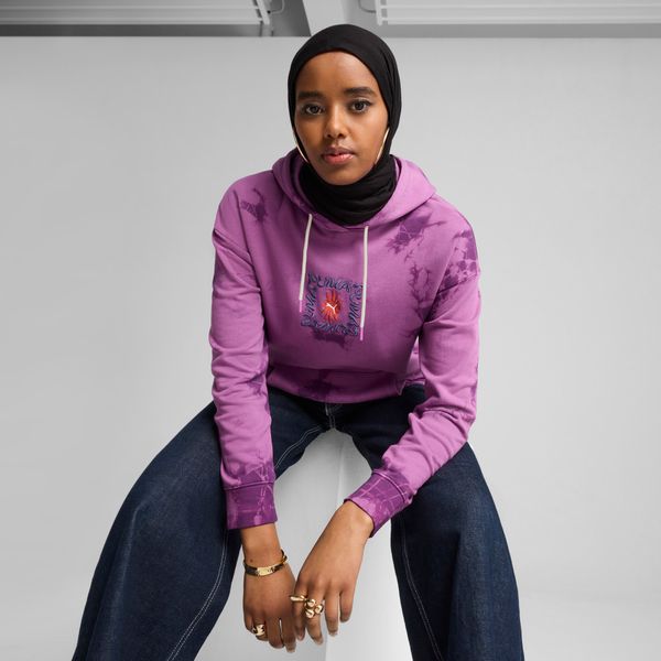 PUMA Women's Puma WARDROBE ESS FLORAL PACK Relaxed Washed Graphic Hoodie, Purple, Size M, Clothing
