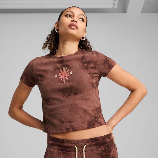 PUMA Women's Puma WARDROBE ESS FLORAL PACK Washed Graphic Baby T-Shirt, Brown, Size L, Clothing