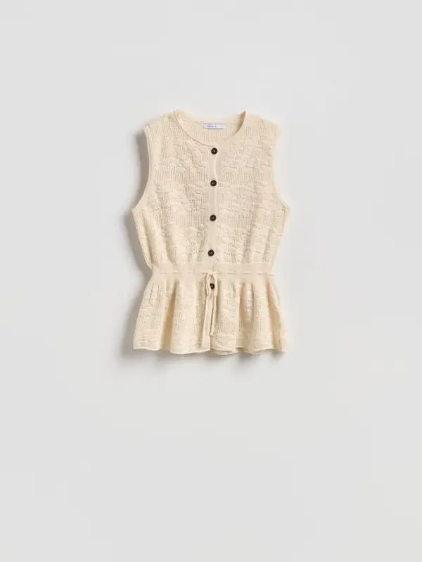 Reserved Reserved - Bluza s rupičastim pletivom i porubom peplum kroja - boja kože
