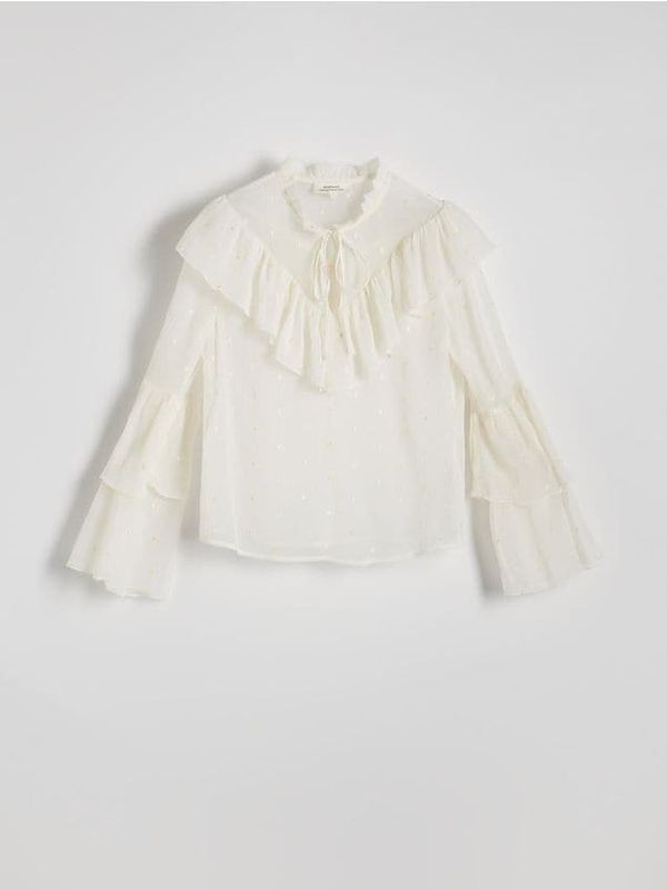 Reserved Reserved - Bluza s volanima na vezanje - krem