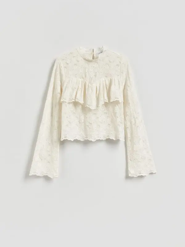 Reserved Reserved - Čipkasta bluza s visokim udjelom pamuka - krem