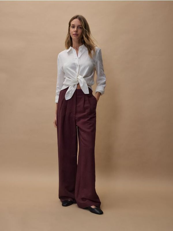 Reserved Reserved - Hlače širokih nogavica s visokim udjelom lana - tamnosmeđe