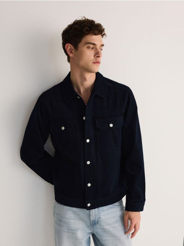 Reserved Reserved - Jakna od rebrastog baršuna s ovratnikom - mornarsko plava