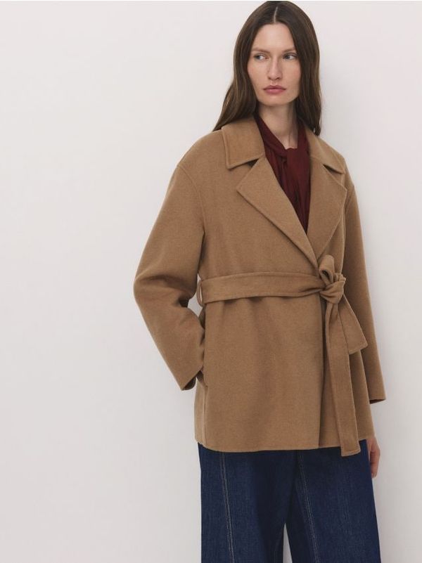 Reserved Reserved - Kaput s pojasom na vezanje s mješavinom vune - boja pšenice