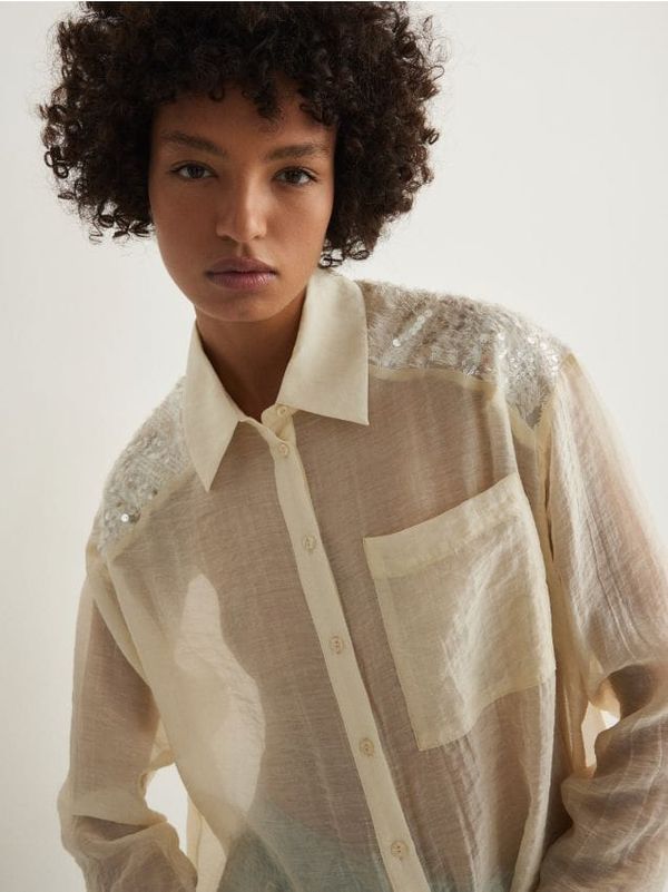 Reserved Reserved - Košulja od liocelnih vlakana sa šljokicama - krem