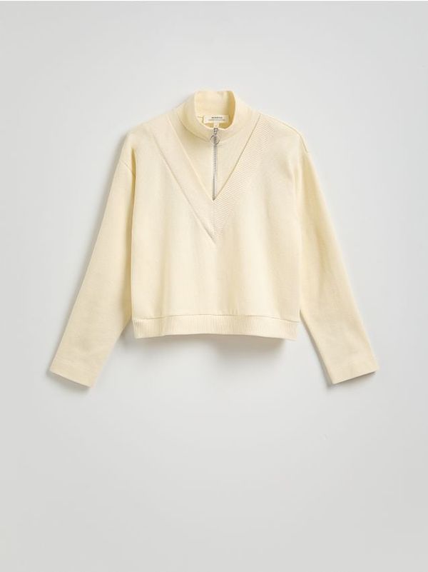 Reserved Reserved - Majica uspravna ovratnika s patentnim zatvaračem do prsa - krem