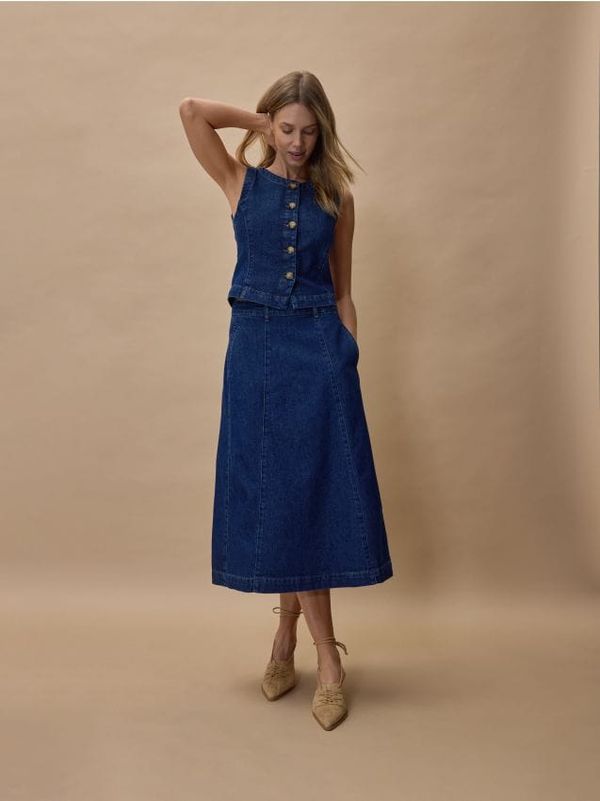 Reserved Reserved - Midi suknja od trapera - mornarsko plava