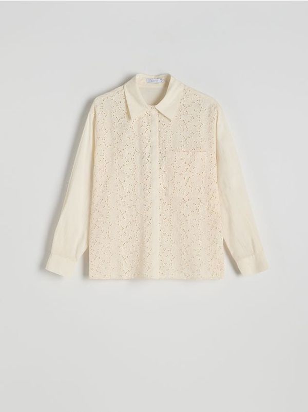 Reserved Reserved - Pamučna košulja s rupičastim vezom - krem