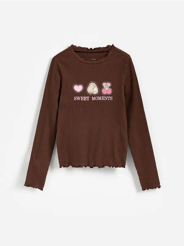 Reserved Reserved - Pamučna majica dugih rukava Pusheen - boja kave