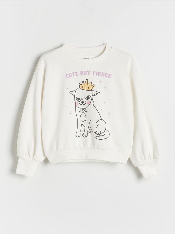 Reserved Reserved - Pamučna majica s printom i bočnim prugama - krem