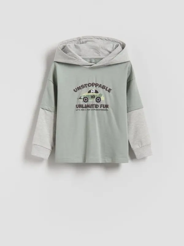 Reserved Reserved - Pamučni longsleeve s kapuljačom - bljedozeleno