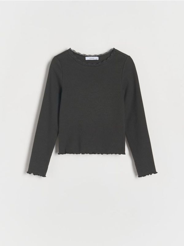 Reserved Reserved - Rebrasta majica dugih rukava s visokim udjelom pamuka - tamnosivo