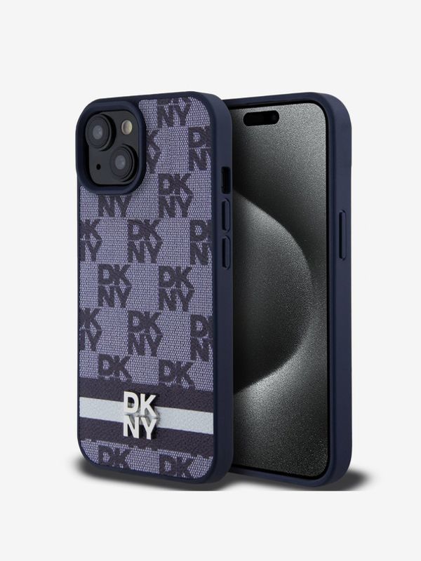 DKNY DKNY PU Leather Checkered Pattern and Stripe Zadní Kryt pro iPhone 15 Blue Etui za telefon plava