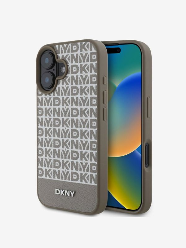 DKNY DKNY PU Leather Repeat Pattern Bottom Stripe MagSafe Zadní Kryt pro iPhone 16 Brown Etui za telefon ljubičasta