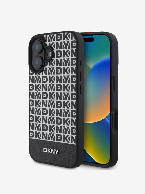 DKNY DKNY PU Leather Repeat Pattern Bottom Stripe MagSafe Zadní Kryt pro iPhone 16 Plus Black Etui za telefon ljubičasta