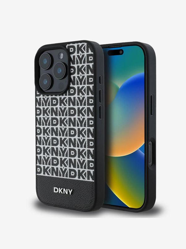 DKNY DKNY PU Leather Repeat Pattern Bottom Stripe MagSafe Zadní Kryt pro iPhone 16 Pro Black Etui za telefon ljubičasta