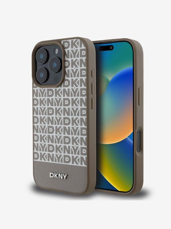 DKNY DKNY PU Leather Repeat Pattern Bottom Stripe MagSafe Zadní Kryt pro iPhone 16 Pro Brown Etui za telefon ljubičasta