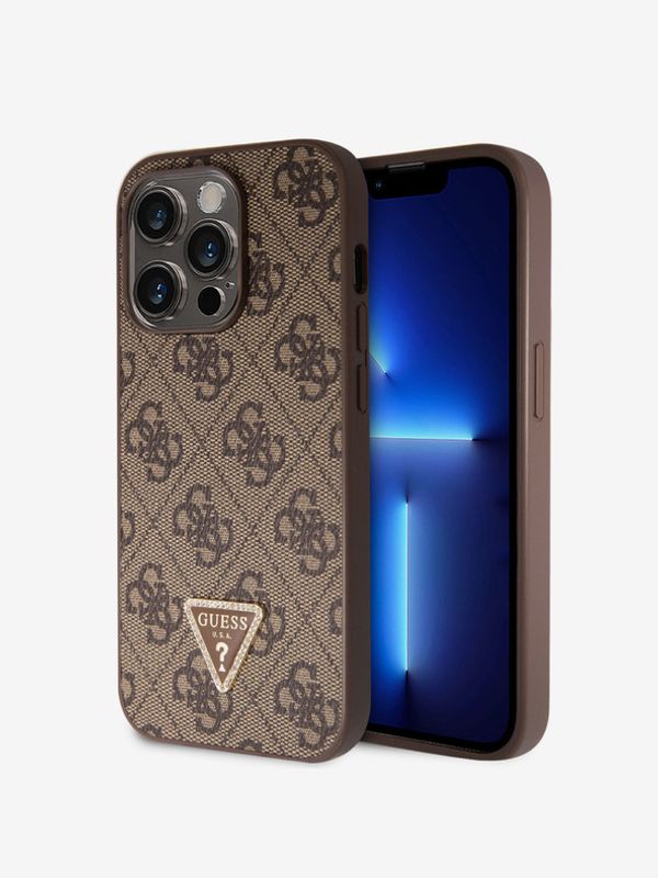 Guess Guess PU 4G Strass Triangle Metal Logo Zadní Kryt pro iPhone 15 Pro Brown Etui za telefon ljubičasta