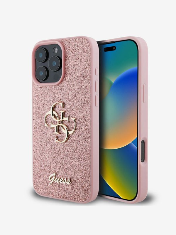 Guess Guess PU Fixed Glitter 4G Metal Logo Zadní Kryt pro iPhone 16 Pro Max Pink Etui za telefon ljubičasta