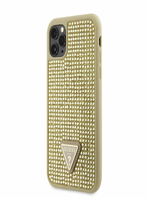 Guess Guess Rhinestones Triangle Metal Logo Kryt pro iPhone 11 Pro Gold Etui za telefon ljubičasta