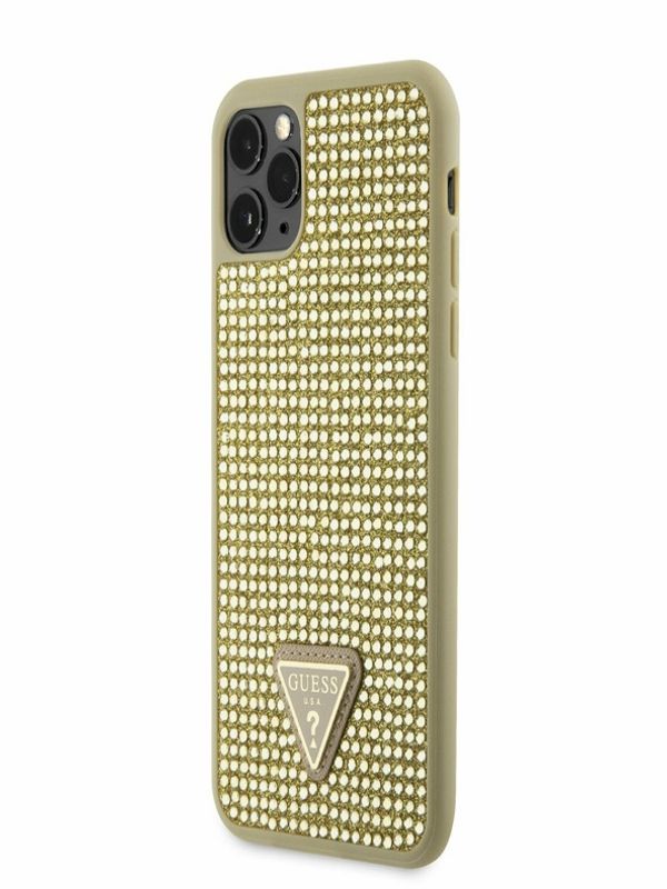 Guess Guess Rhinestones Triangle Metal Logo Kryt pro iPhone 11 Pro Max Gold Etui za telefon ljubičasta