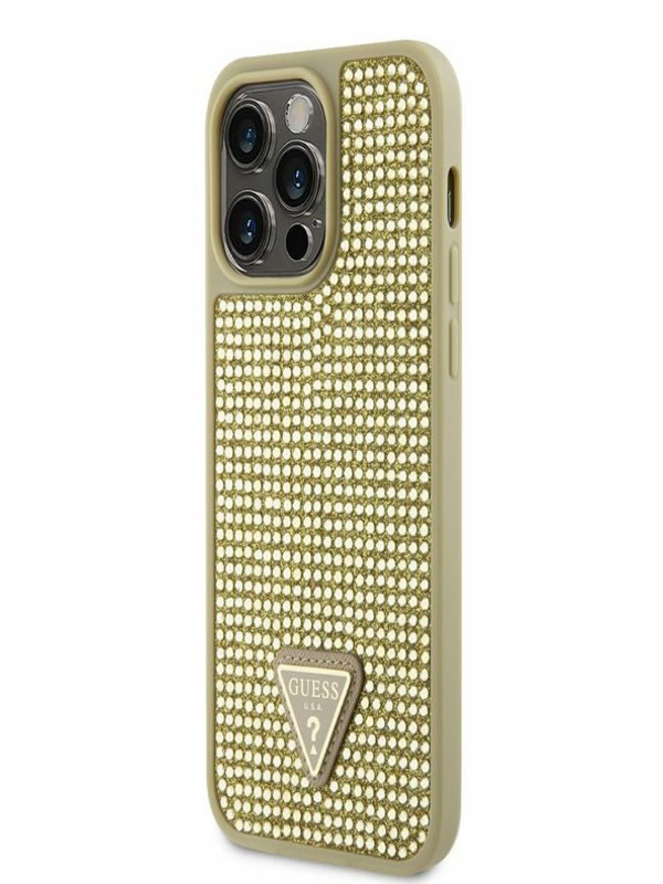 Guess Guess Rhinestones Triangle Metal Logo Kryt pro iPhone 14 Pro Max Gold Etui za telefon ljubičasta