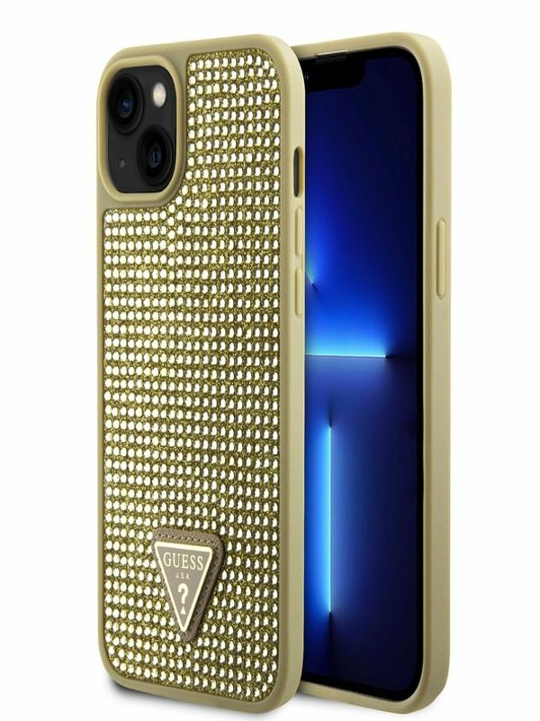Guess Guess Rhinestones Triangle Metal Logo Kryt pro iPhone 15 Gold Etui za telefon ljubičasta