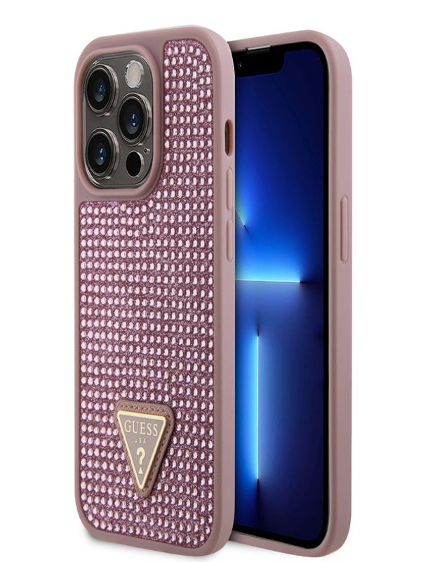 Guess Guess Rhinestones Triangle Metal Logo Kryt pro iPhone 15 Pro Pink Etui za telefon ljubičasta