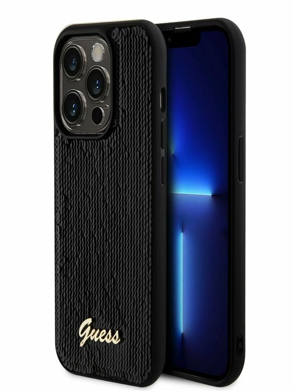 Guess Guess Sequin Script Logo Zadní Kryt pro iPhone 14 Pro Max Black Etui za telefon ljubičasta