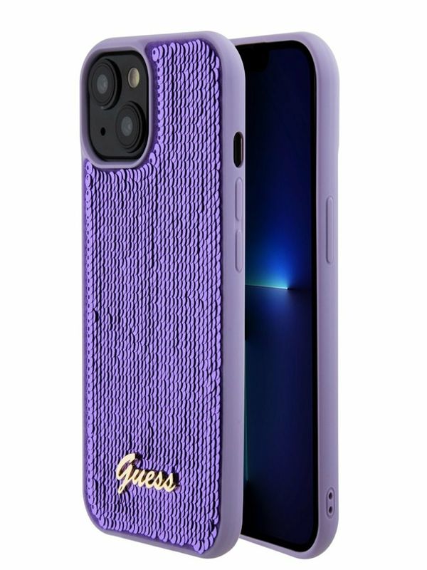 Guess Guess Sequin Script Logo Zadní Kryt pro iPhone 15 Plus Purple Etui za telefon ljubičasta